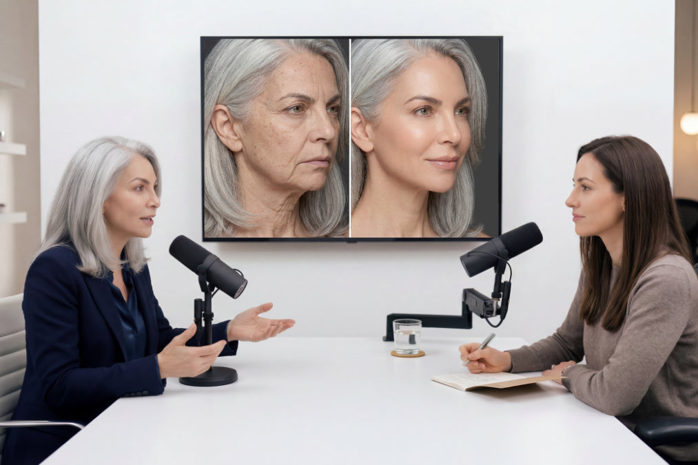 Mujer de mediana edad mostrando su transformación de piel, antes y después