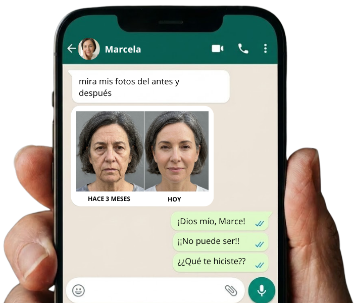 Conversación de WhatsApp con Marcela mostrando fotos de antes y después