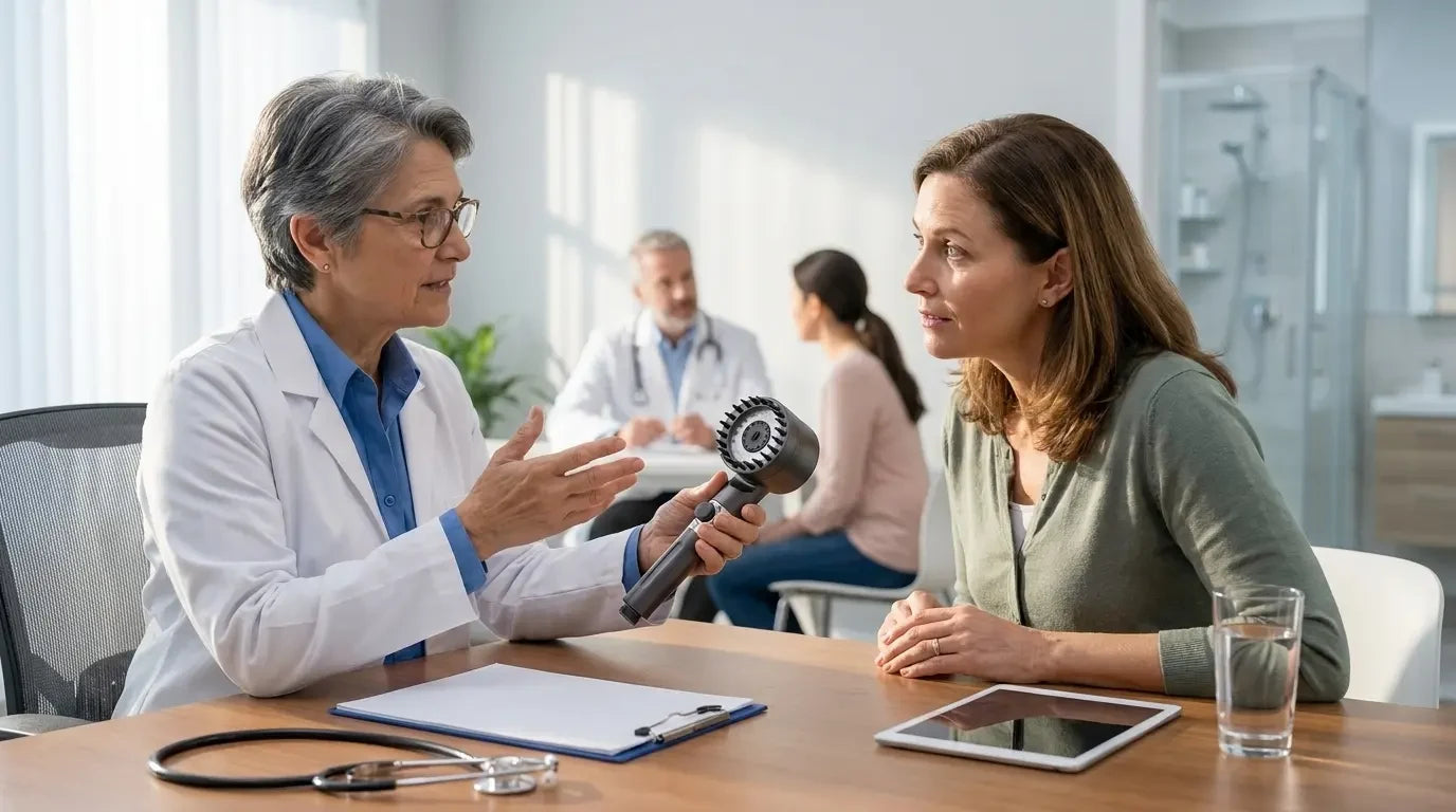Una m&eacute;dica ense&ntilde;a el cabezal IonShower a una paciente en consulta